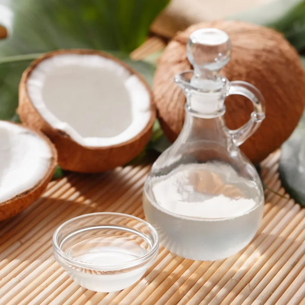 Frasco de vidro com óleo de coco branco e pedaços de coco seco sobre uma bancada de bambu.