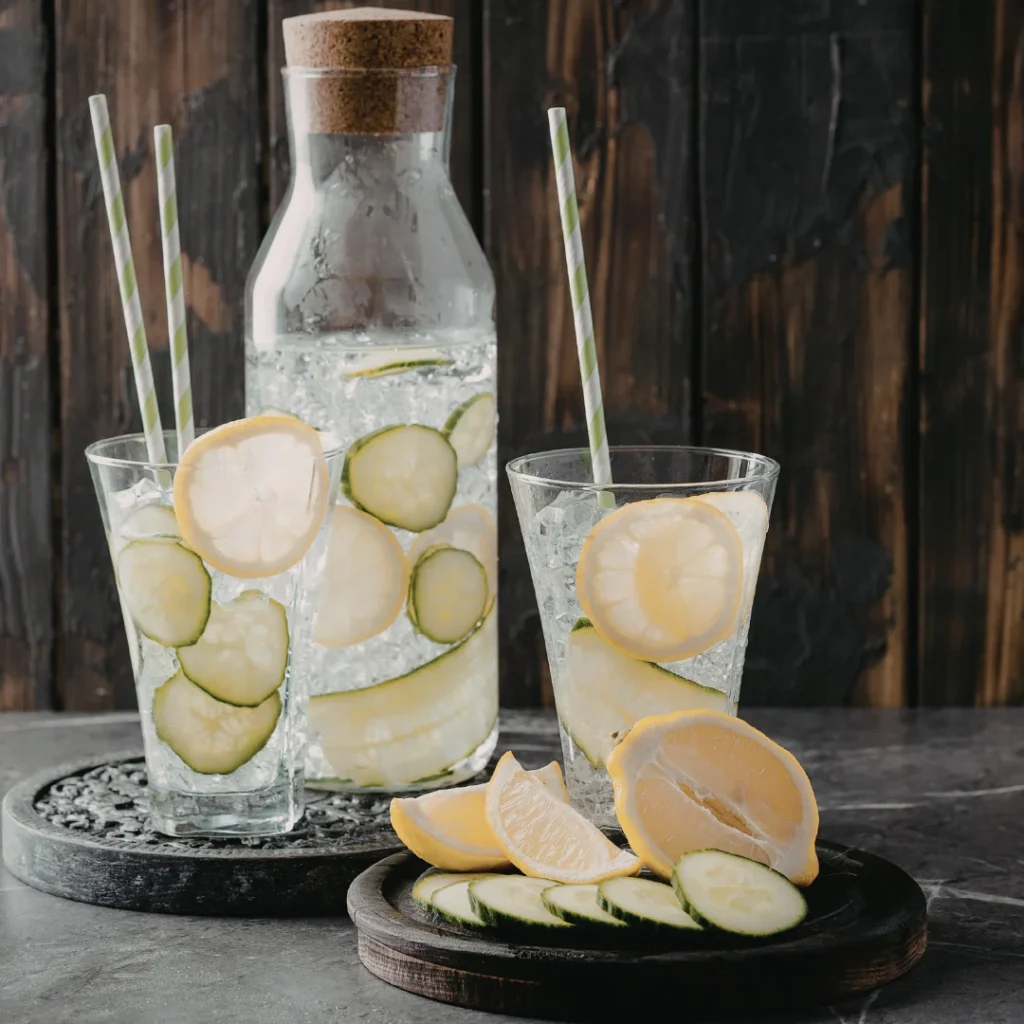 Jarro de água aromatizada com pepino e limão