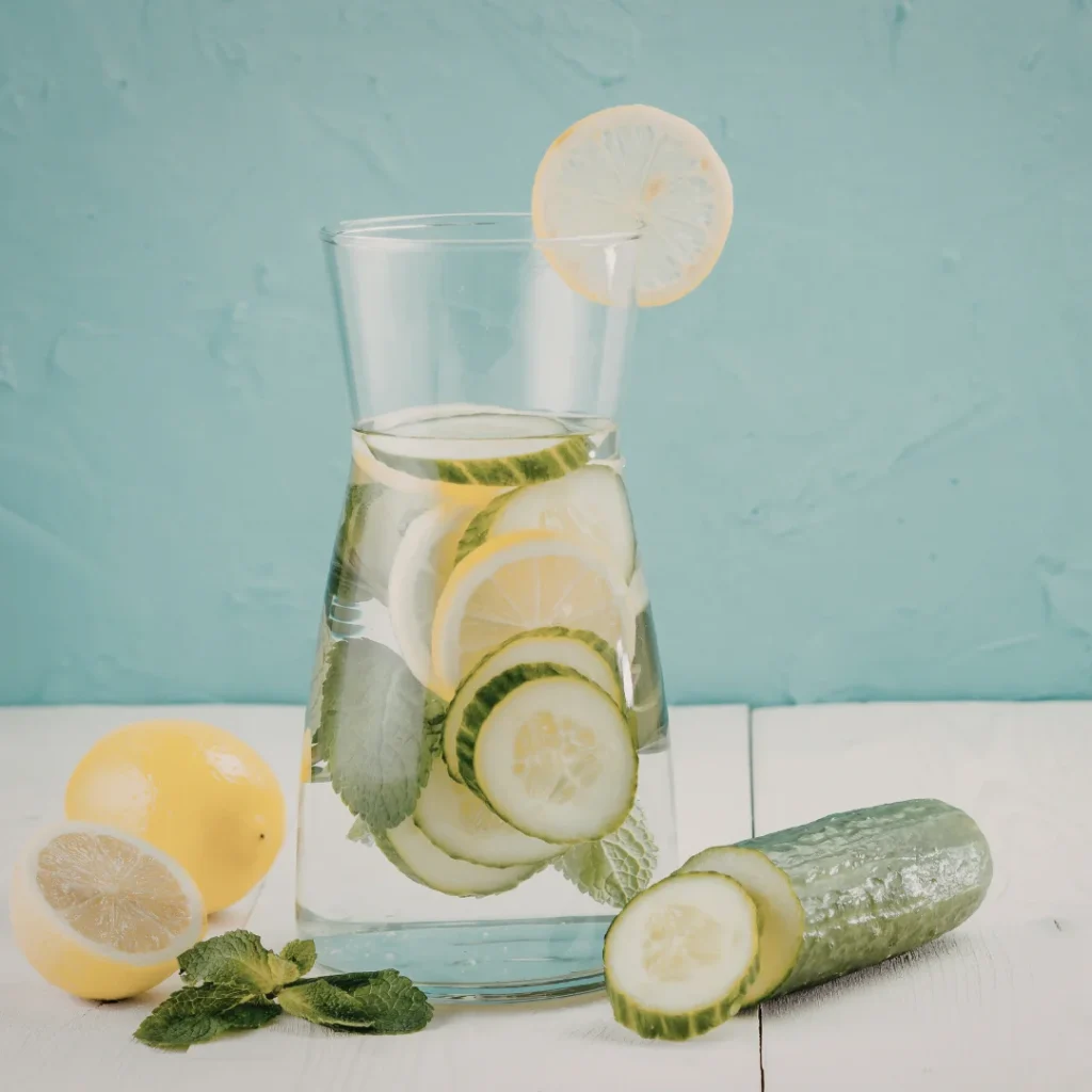 Jarro de água detox com limão, pepino e hortelã