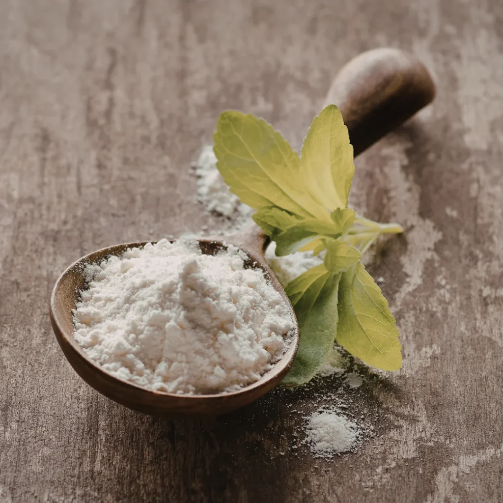 Recipiente de cerâmica com pó branco de Stevia, Xilitol e Eritritol sobre fundo neutro.