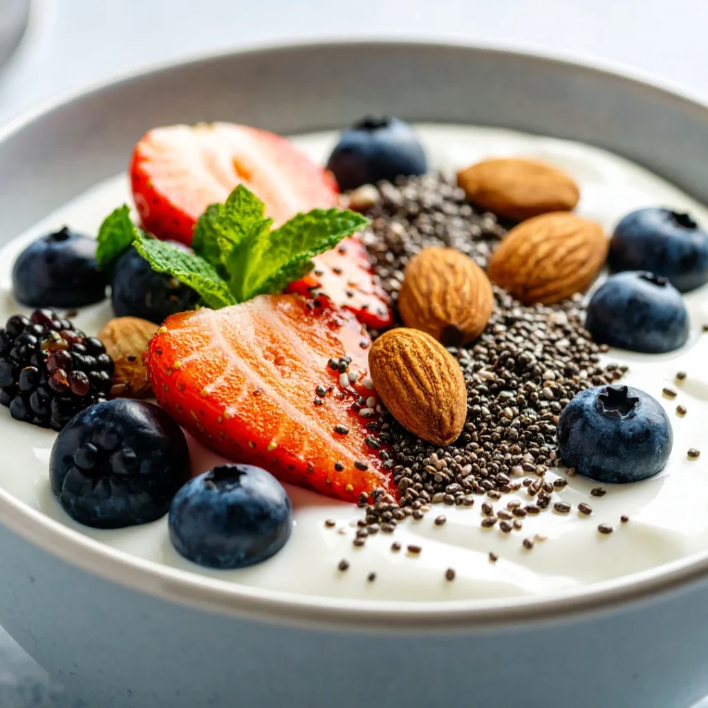 Tigela de iogurte natural com frutas frescas e sementes de chia polvilhadas por cima.