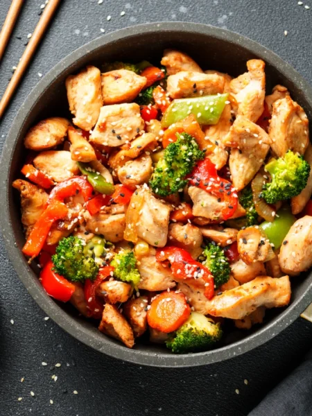 Tiras de Frango e Vegetais na Wok com Molho de Soja